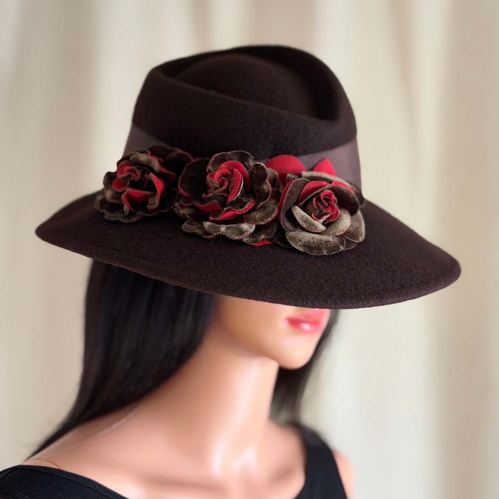 Vtg 80s Lancaster Vintage Brown Wool Felt Fedora Hat Velvet Roses Made in USA